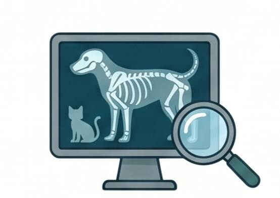 Imagen radiologia, Pantalla de rayos X con la imagen del esqueleto de un canino